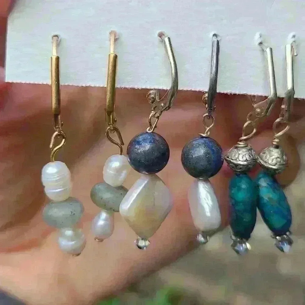 Vintage artisan handcrafted Dangl stones mothers of pearl turquoise earrings lot - Picture 5 of 12